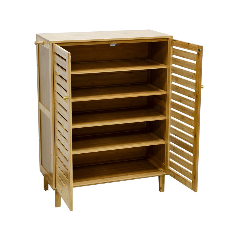 Range-chaussures autoportant en bambou avec tablettes à 5 niveaux et portes à lattes ventilées