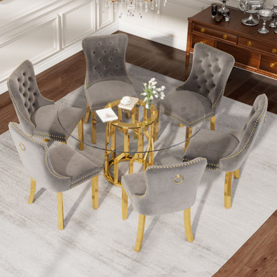 47.2" Round Glass Dining Table Set for 6, Kitchen&Dining Table Set with 6 Velvet Chairs, Modern Gold Stainless Steel Base Table Set