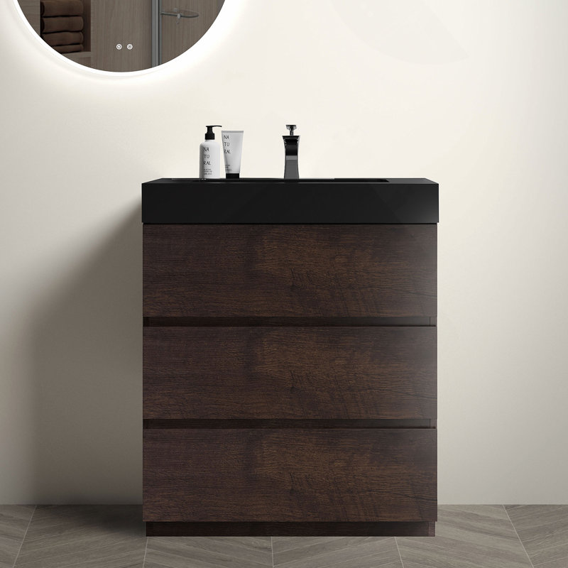 Meuble-lavabo autoportant avec grand lavabo et rangement, Walnut/Black, Black