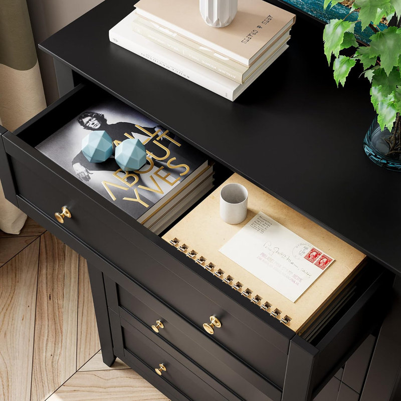 Tall 5-Drawer Dresser, Modern Wooden Chest with Deep Drawers & Metal Knobs for Bedroom, Entryway & Hallway, Black