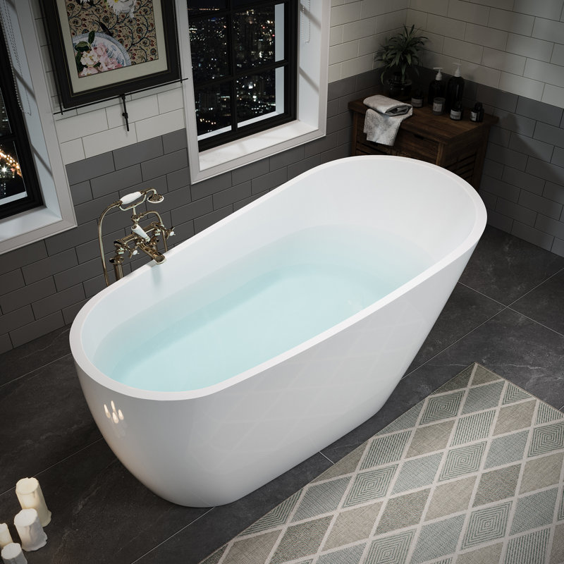 Baignoire de trempage en acrylique de 60 po avec trop-plein intégré et conception de berceau, autoportant pour spa domestique, quincaillerie de corrosion autoportante blanc brillant, blanc, double efficacité énergétique idéale