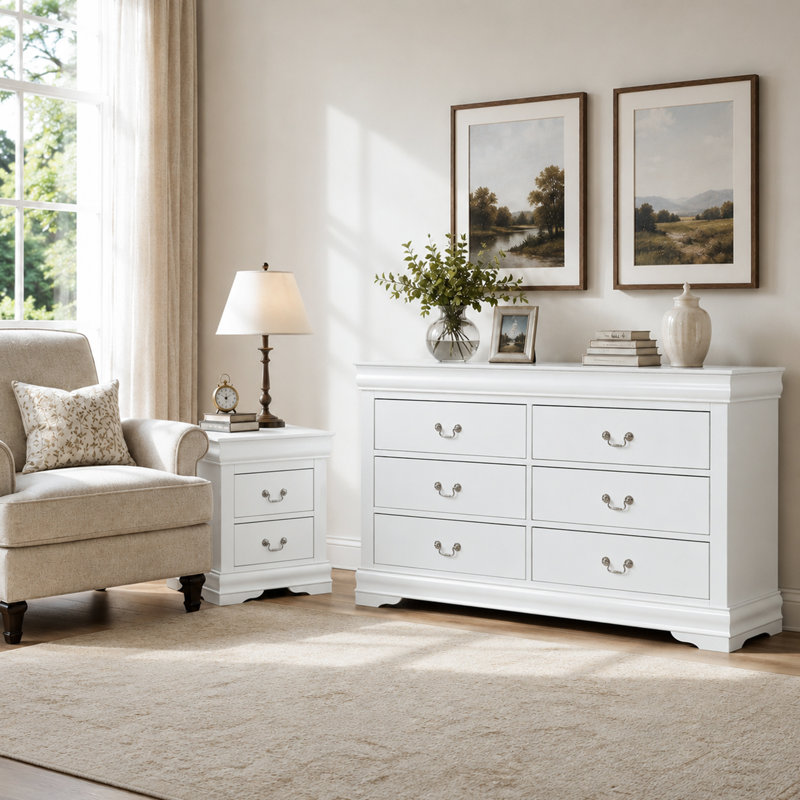 Ensemble de meubles de chambre à coucher transitionnels 2 pièces, commode 6 tiroirs + table de chevet 2 tiroirs, armoire de rangement en bois massif
