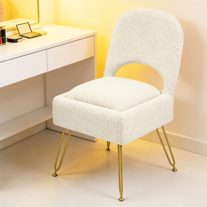 Modern Upholstered Teddy Accent Chair, Vanity Chair with Storage Box, Foldable Backrest，footstool, White