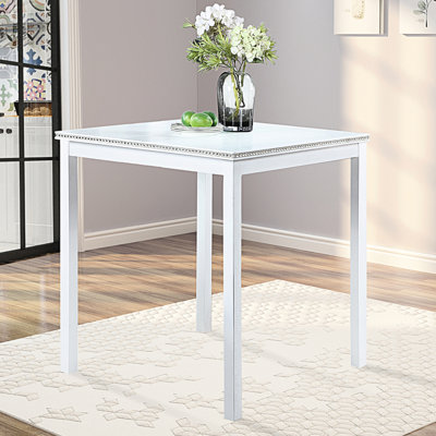 Table de salle à manger carrée blanche pour 4 personnes, hauteur du comptoir, lignes épurées, bordures en cristal acrylique, pieds en bois massif pour une stabilité optimale, plateau, structure et pieds imperméables, montage facile
