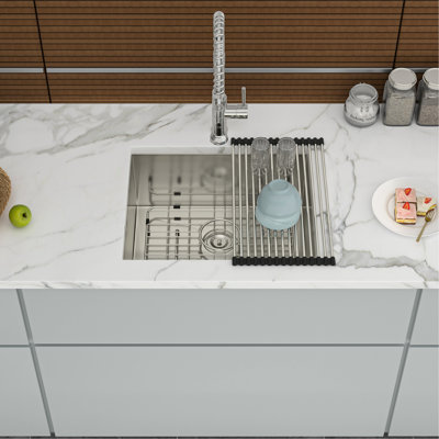 21 po, 9 po de profondeur, évier simple encastrable, couleur nickel brossé, drainage de l'eau en forme de X, - jet de condensation, grille de séchage pliable en acier inoxydable, grille de rinçage de fond en acier inoxydable, guide d'installation,