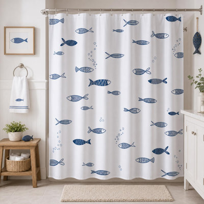 Sardine Fish Shower Curtain for Bathroom, Ocean Shower Curtain Funny Fish Nautical Bathroom Decor Waterproof Machine Washable Bathtub Curtain Set with 12 Hooks, White