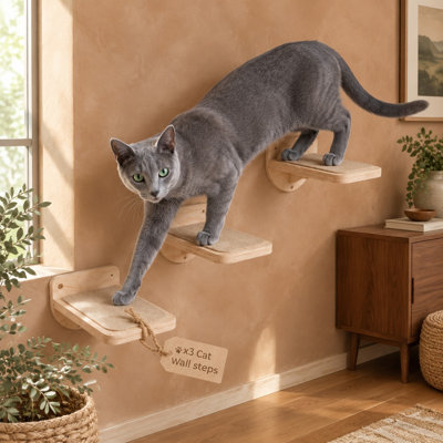 Lot de 3 escaliers muraux en bois naturel pour chats d'intérieur jusqu'à 7 kg ; petites tablettes sûres et robustes pour grimper et jouer.