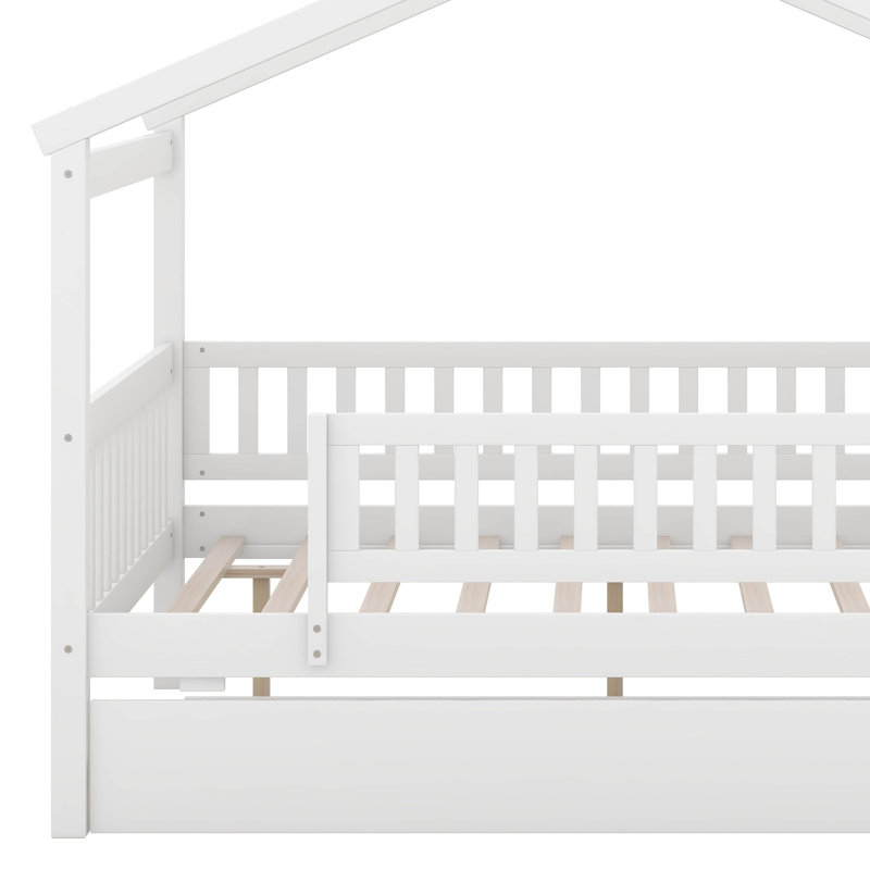 Full Size Wooden House Bed With Twin Size Trundle, Wood Bed Frame With Roof And Safety Guardrail For Kids, Teens, Boys Or Girls