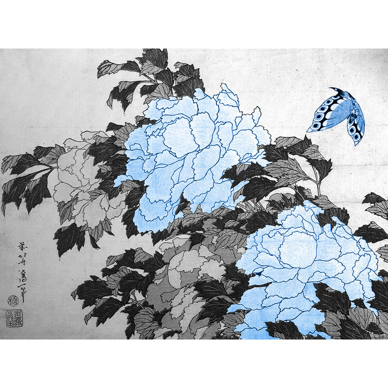 Décalcomanie murale amovible avec papillon japonais, H 22 po x l 28 po, Noir / Bleu