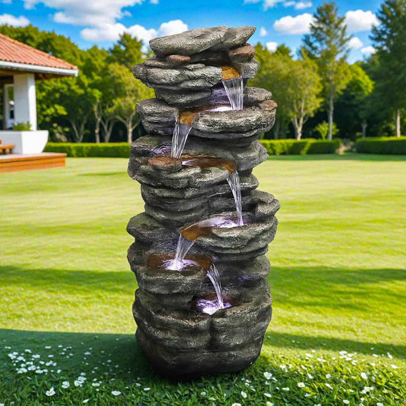 Fountains | 40" 6-Tier Cascading Outdoor Water Fountain for Garden Patio Yard Deck | with LED Lights | Realistic Gray Rock | Resin | Gray