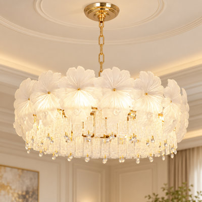 Lustre floral en cristal doré de 61 cm (24 pouces) avec accents de pétales transparents pour une ambiance élégante dans la salle à manger, le salon et la chambre à coucher