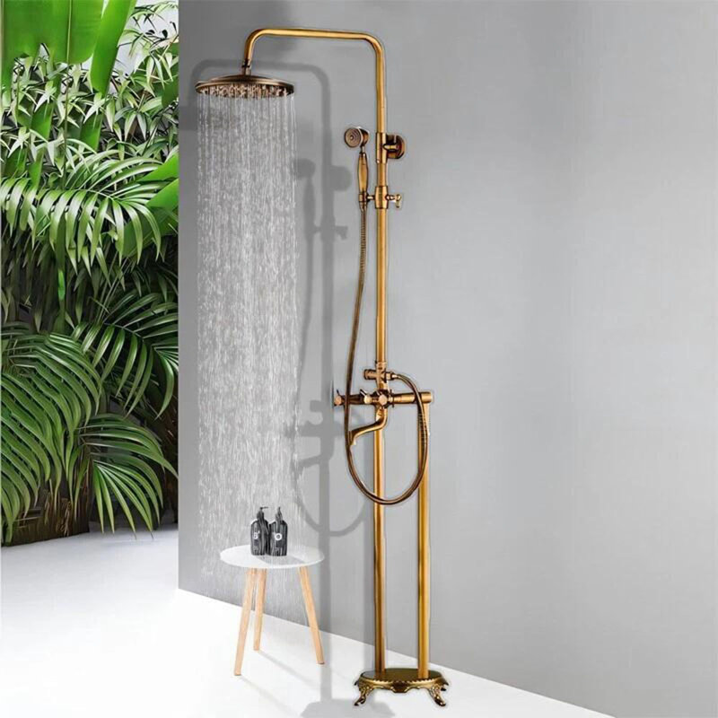 2 Handle Floor Waterfall Faucet with Diverter, Antique Brass