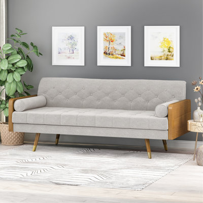 Beige Mid Century Modern - Fabric Upholstery With Diamond & Waffle Stitching, Splayed Legs, Bolster Pillows, 30.5"D X 73.56"W 32.48"H Flair Fabric, Seating