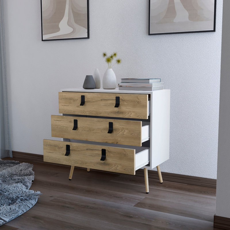 Commode 3 tiroirs Kimball, rangement chic moderne avec pieds en bois, Brun / Blanc