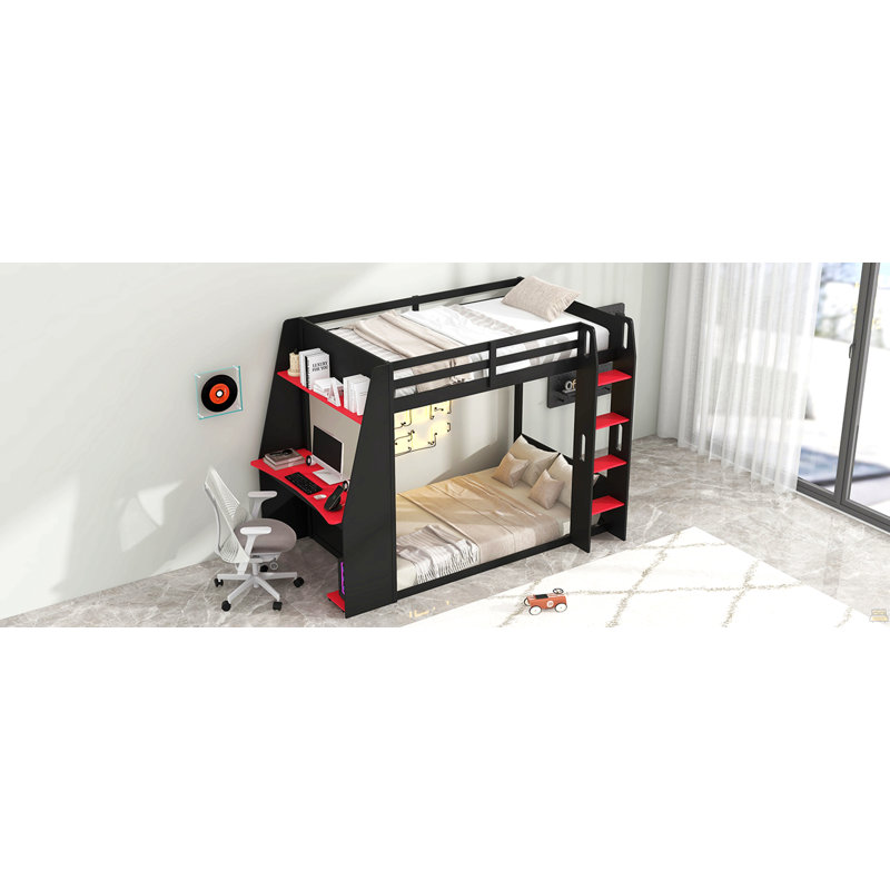 Lit simple superposé en bois avec bureau, deux tablettes de rangement, USB et lumière DEL, noir et rouge, Black,Red