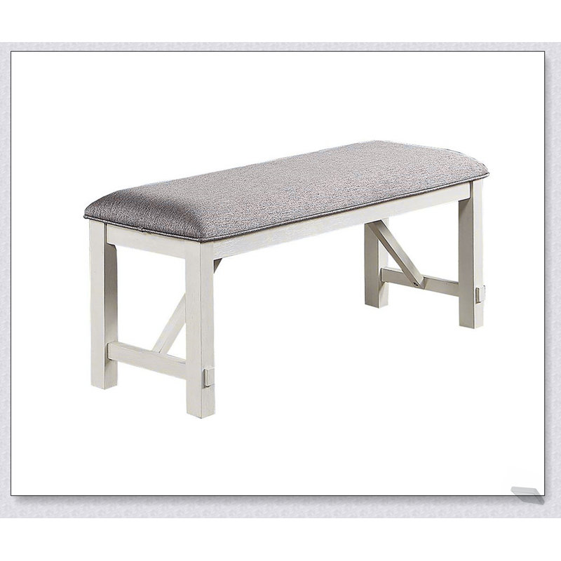 Modern Dining Room Bench with Gray Fabric Cushion and White Clean Lines, Combining Comfort and Style for Versatile Seating.