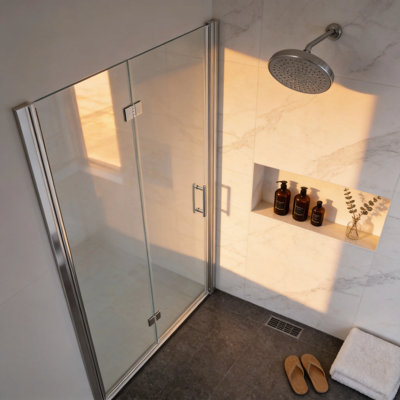 Porte de douche pliante sans cadre de 76 cm (L) x 183 cm (H) avec quincaillerie polie, verre trempé de 6 mm, adaptable à la salle de bain