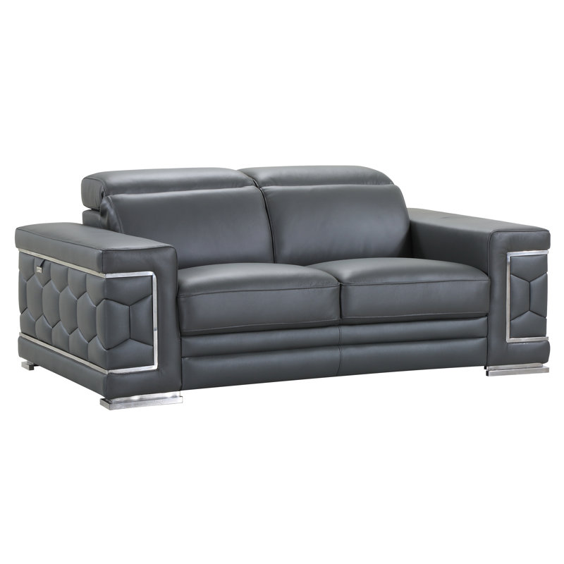 Canapé en cuir italien Aiesrom, Cuir véritable gris foncé, H 38 po x l 71 po x P 41 po