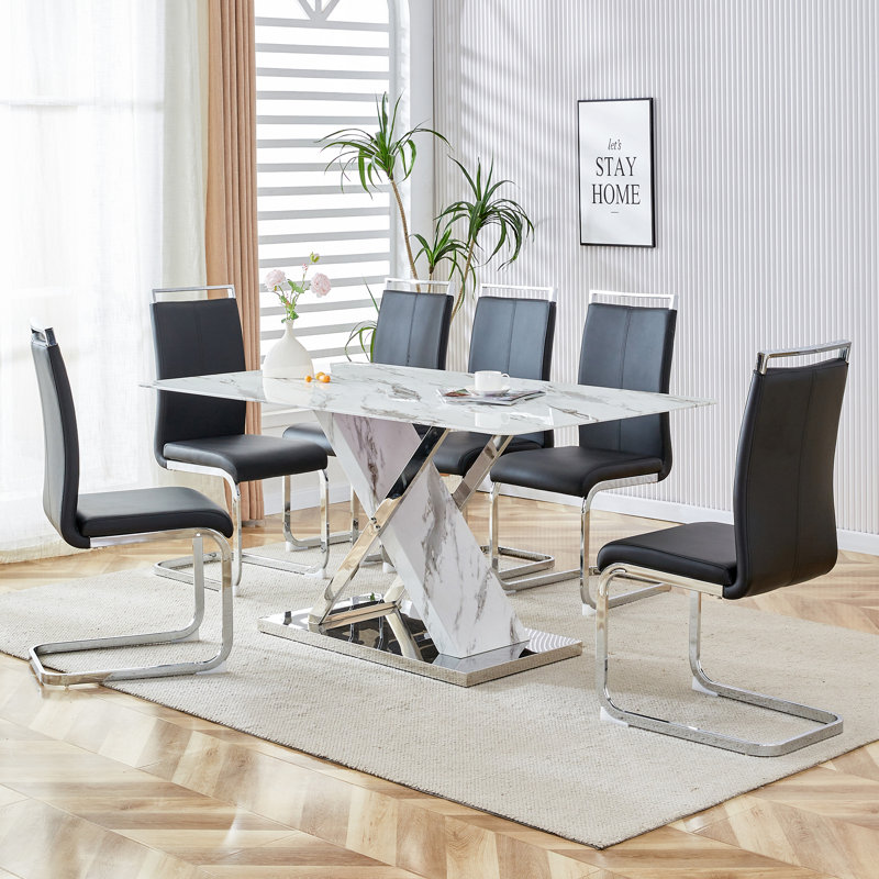 7-Piece Modern Rectangular Faux Marble Dining Set with Faux Leather Cantilever Chairs, Black