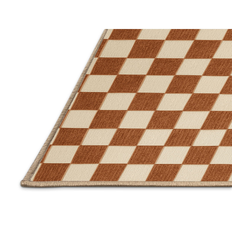 Machine Washable Checkered Brown Area Rug, Rectangle 7' x 10'