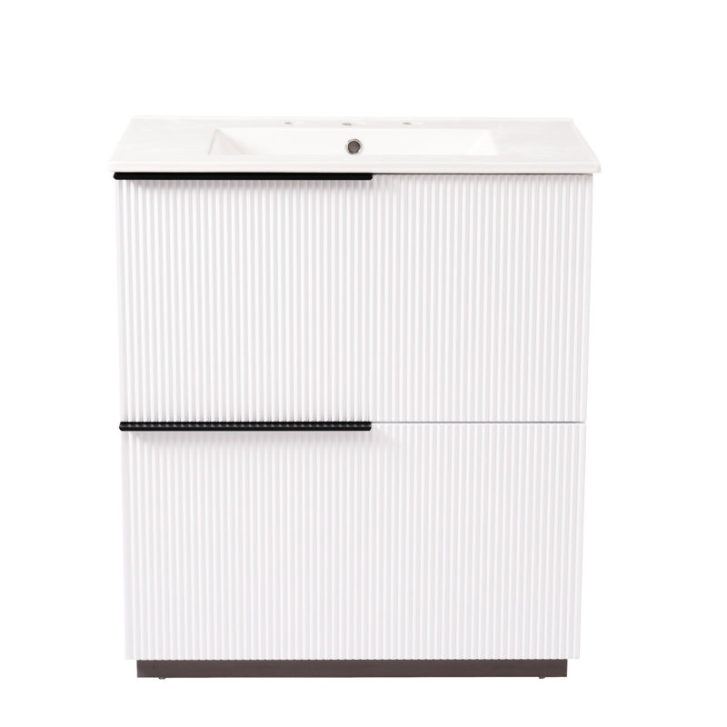 Meuble-lavabo de 30 po avec lavabo en céramique de haute qualité, conception cannelée et tiroirs de rangement fonctionnels pour les outils pour les cheveux