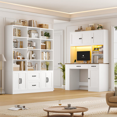 47.2" Computer Desk with Hutch + 58.7" Bookcase Set, Home Office Desk with Charging Station & LED Lighting, Triple-Wide Storage Shelf with Display & Concealed Cabinets, 2-Piece Furniture Suite