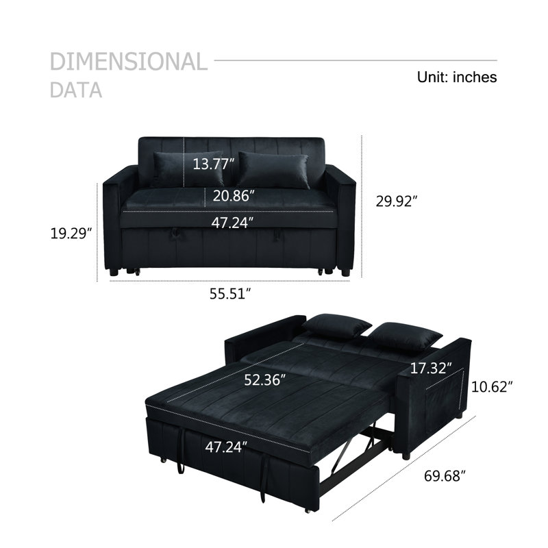 Divan-lit convertible Radislava, futon moderne 3-en-1 de 55,51 po, Velours noir