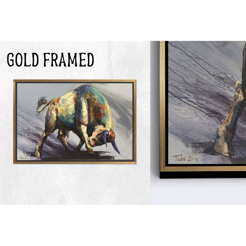 Reproduction sur toile Modern Loft: Élégante œuvre abstraite de taureau, toiles encadrées dorées 1P, 63,1 po H x 102,4 po l