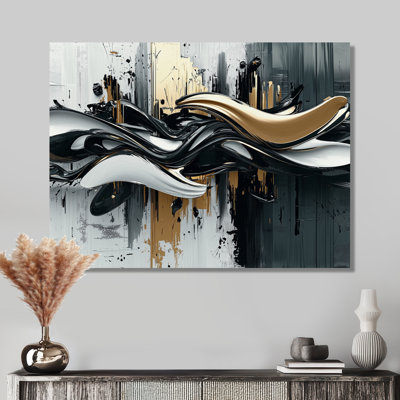 Goldern Black Shifting Ink Waters I - Art mural moderne transitionnel en métal, impression d'art moderne en métal