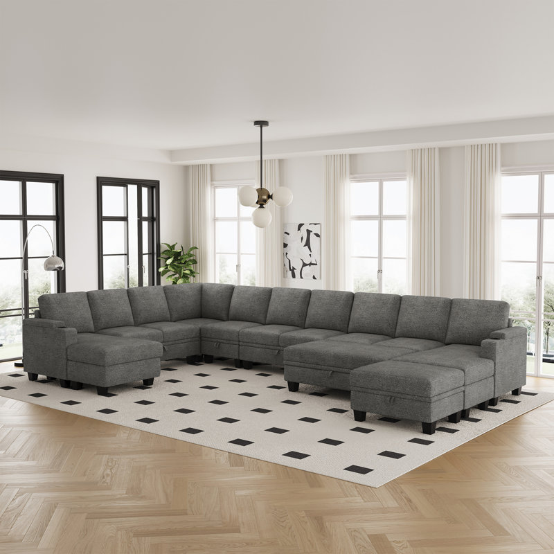 Canapé modulaire surdimensionné en U en chenille avec rangement en bois massif et porte-gobelet, Chenille gris pâle