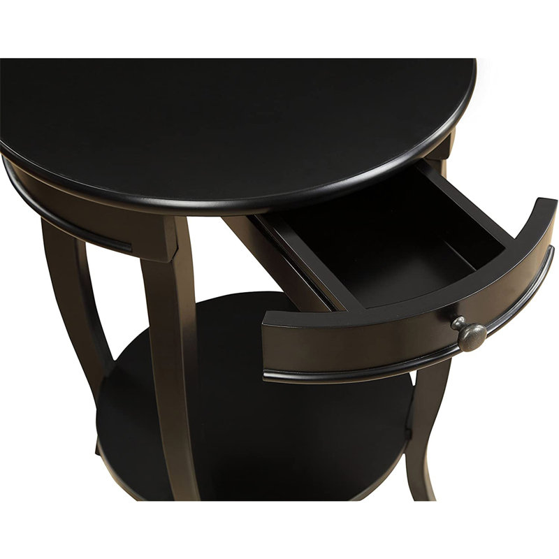 Table d'appoint ronde avec 1 tiroir et rangement ouvert, noir
