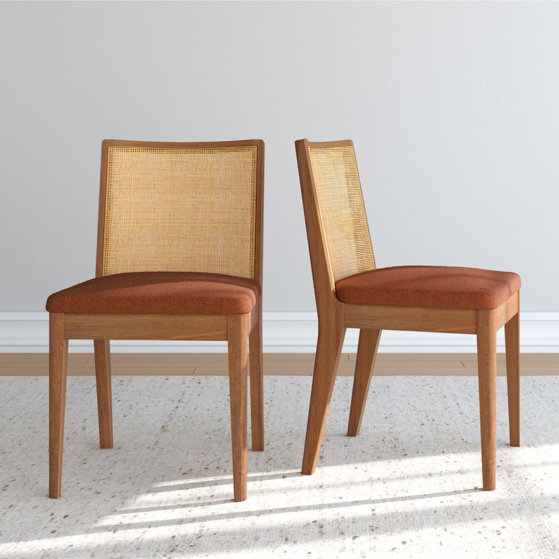 Chaise de salle à manger en bois massif à dossier en rotin Elio (ensemble de 2), Brun / pacane