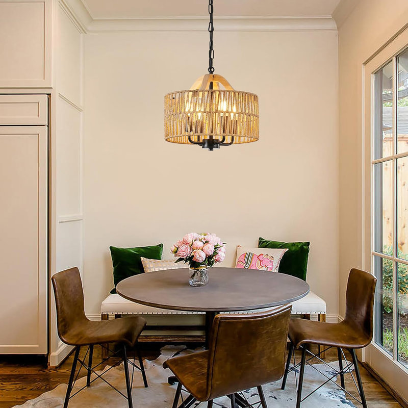 12.5" Rattan Pendant Light Fixtures, 4-Light Boho Chandelier With Woven Drum Shade, Farmhouse Dining Room Ceiling Hanging Lamp, Small Wicker Coastal Pendant Lighting For Kitchen Island Hallway