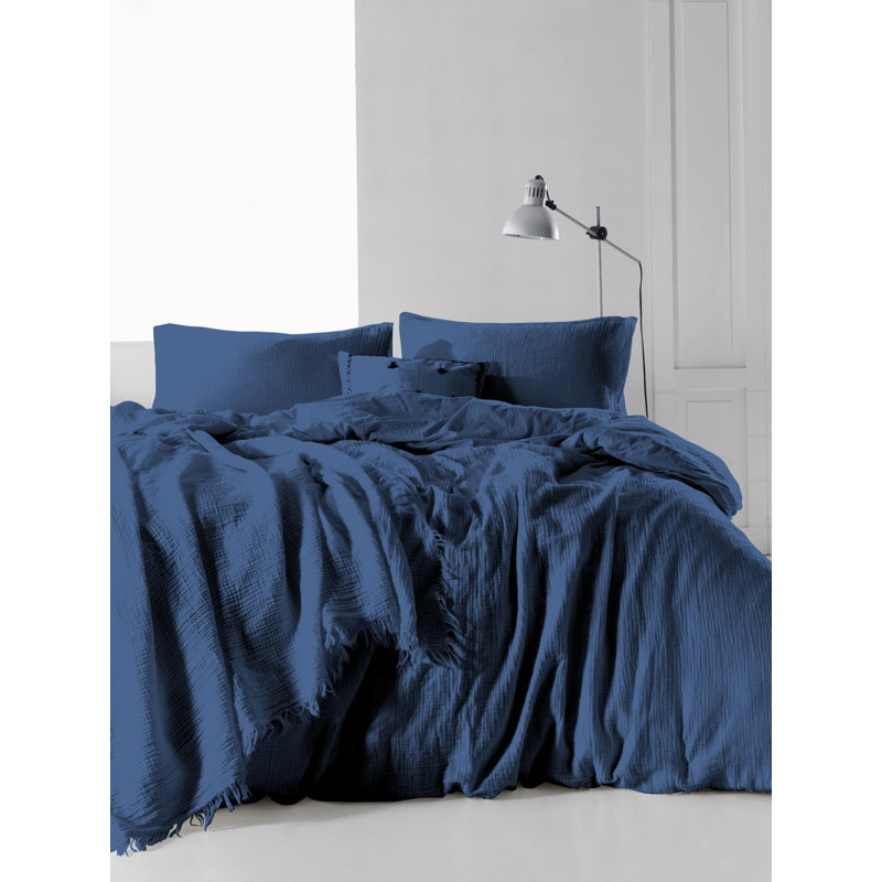 Ensemble de housse de couette 100% coton 3 pièces Eliette, Housse de couette très grand + 2 taies d'oreiller, Bleu foncé