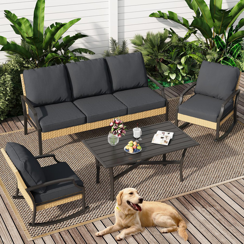 Outdoor Patio Furniture Set With Rocking Chair, 4 Piece Rattan Conversation Bistro Set, Dark Grey