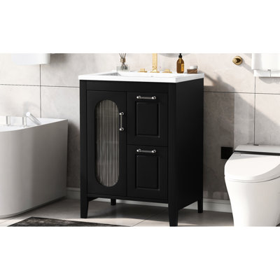 Meuble-lavabo de 24 pouces, en bois massif et noir, deux tiroirs, porte, tablette réglable, lavabo en céramique, verre, autoportant, style moderne, grand meuble-lavabo de 24 po avec une armoire en verre lisse