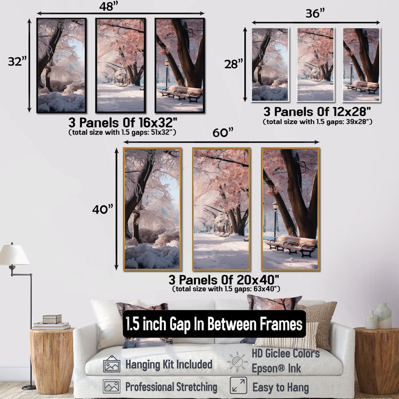 «Pink Snowy Park Floral Canopy», art mural sur toile, Cadre flottant noir, H 28 po x l 36 po x P 1 po