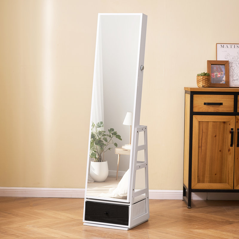 Mirror Jewellery Cabinet, 360° Swivel Standing Mirror with Storage, Lockable Jewellery Mirror Organizer with Full Length Mirror, Velvet Lining, LED Light, Drawer, Freestanding Jewellery Armoire, White