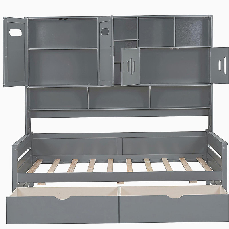 Lit de jour en bois avec tiroir et garde-robe et tablettes intégrés, Gris, Lit simple