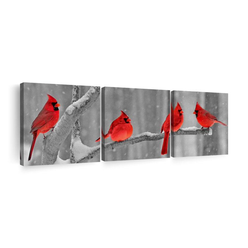 Cardinal Birds - 3 pièces sur toile tendue, H 15 po x l 47 po x P 1,25 po