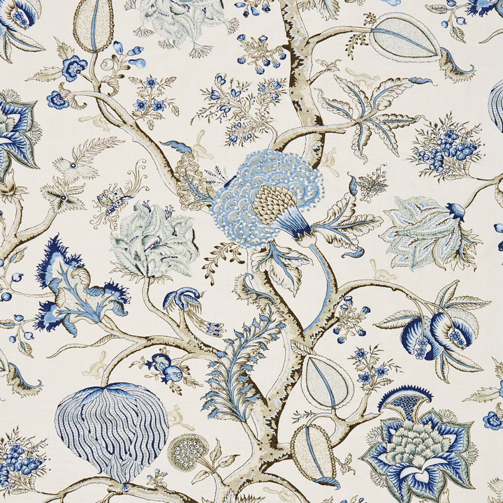 Tissu imprimé lin Oriana Pondicherry, Bleu faïence