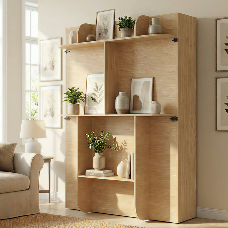 Grand lit escamotable 65 po avec rangement pour bibliothèque et verrou de sécurité, Naturel