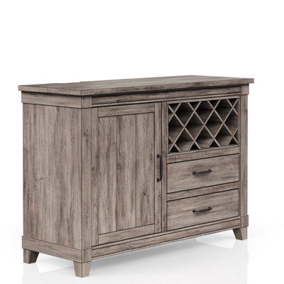 Serveuse de salle à manger rustique grise avec rangement pour le vin intégré et deux tiroirs, une armoire à tablettes, prête pour l'alimentation électrique, 52 pouces de largeur, 36,5 de hauteur pour l'armoire à tiroirs avec tablettes, largeur, hauteur