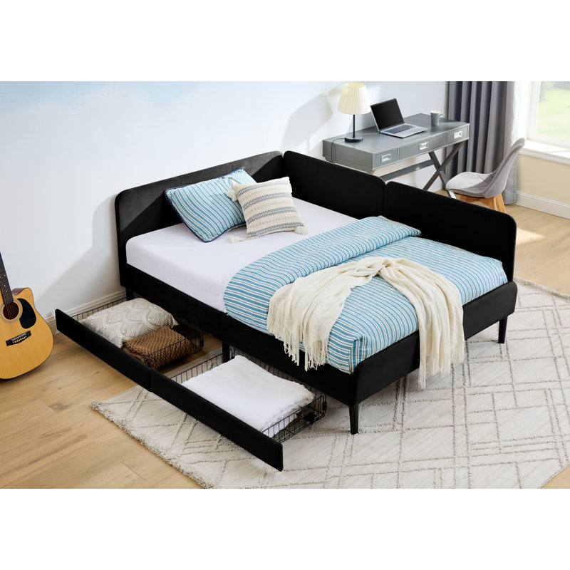 Yorvessa Modern Upholstered Velvet Platform Sofa Bed with 2 Storage Drawers, Reinforced Wood Structure for Bedroom & Living Room