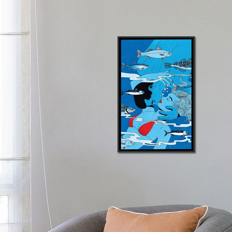 «Lovers Underwater» par Cosmo - impression d'art graphique, H 26 po x l 18 po x 1,5 po, Pas de tapis, Toile avec cadre noir