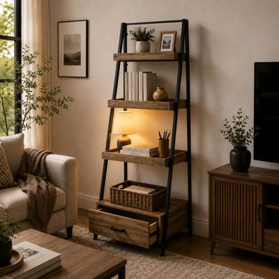 Bibliothèque échelle Chillon, 150 cm H x 44,5 cm L, étagères en bois d'acacia et structure en acier