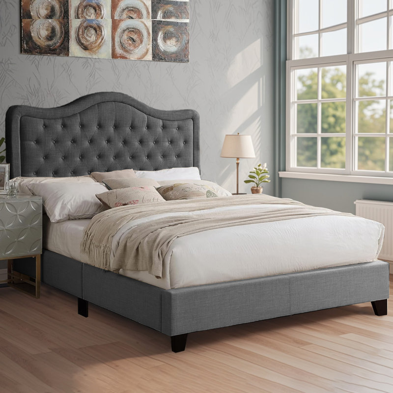Fabric Upholstered Bed Frame with Adjustable Headboar,Wood Slat Support, Button Tufted Platform Bed, Charcoal, King