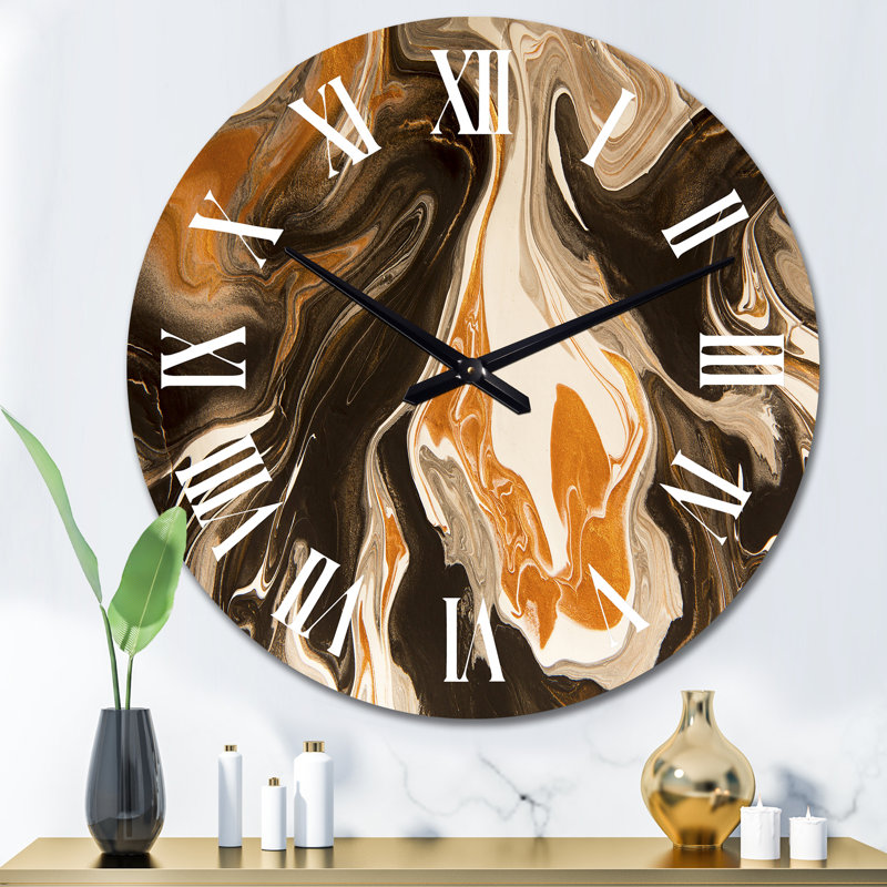 Horloge murale moderne noir et jaune, marbre et art liquide, Grand