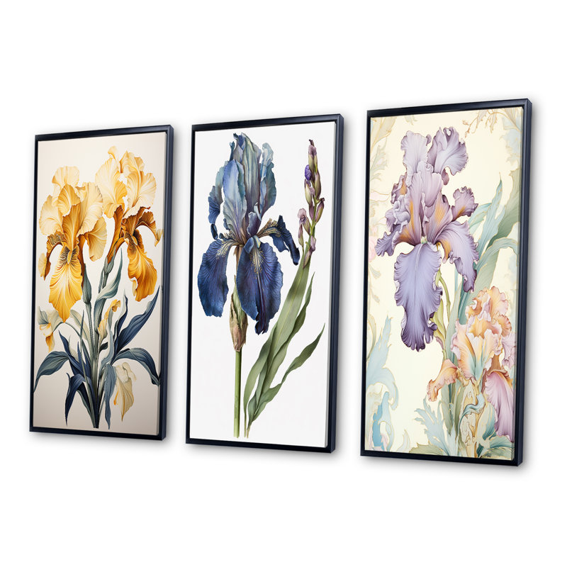 Illustration rétro d'iris dorés - Ensemble de 3 pièces, H 40 po x l 60 po, Cadre flottant noir