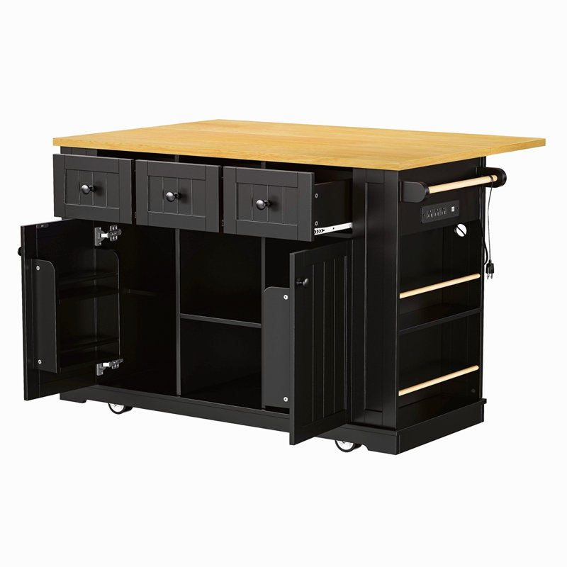 53Inch Large Kitchen Island With Drop Leaf, Power Outlet, Door Internal Storage Rack, Rolling Kitchen Cart On 5 Wheels With 5 Open Side Racks For Kitchen, Dining Room(Not Include Bar Stools)